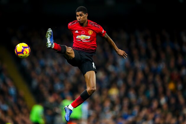 MANCHESTER, ENGLAND - NOVEMBER 11: Marcus Rashford of Manchester United during the Premier League match between Manchester City and Manchester United at Etihad Stadium on November 11, 2018 in Manchester, United Kingdom. (Photo by Robbie Jay Barratt - AMA/Getty Images)
