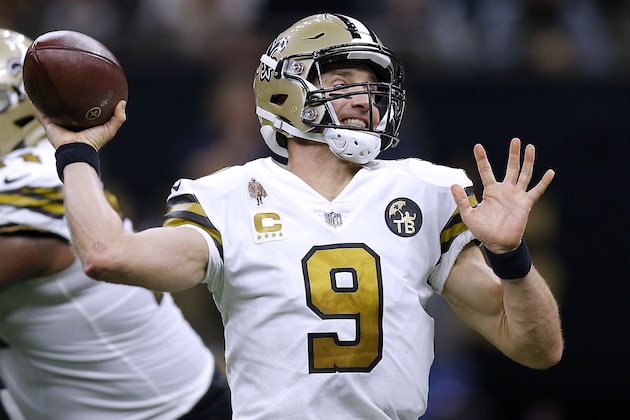 NEW ORLEANS, LA - NOVEMBER 18:  Drew Brees #9 of the New Orleans Saints throws the ball during a game against the Philadelphia Eagles at the Mercedes-Benz Superdome on November 18, 2018 in New Orleans, Louisiana.  (Photo by Jonathan Bachman/Getty Images)