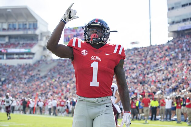 OXFORD, MS - SEPTEMBER 8:  A.J. Brown #1 of the Mississippi Rebels points to the sky after scoring a touchdown against the Southern Illinois Salukis during the first half at Vaught-Hemingway Stadium on September 8, 2018 in Oxford, Mississippi.  (Photo by Wesley Hitt/Getty Images)