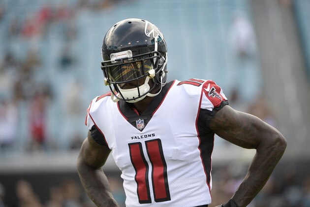 Atlanta Falcons wide receiver Julio Jones (11) warms up before an NFL preseason football game against the Jacksonville Jaguars Saturday, Aug. 25, 2018, in Jacksonville, Fla. (AP Photo/Phelan M. Ebenhack)