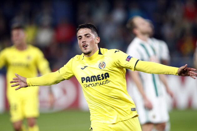 Villarreal Pablo Fornals celebrates after scoring against Rapid during a Europa League group G soccer match between Villarreal cf and Sk Rapid Wien at the Ceramica stadium in Villarreal, Spain, Tuesday, Oct. 25, 2018. (AP Photo/Alberto Saiz)