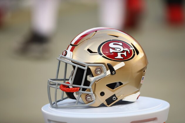 SANTA CLARA, CA - AUGUST 30:  A San Francisco 49ers helmet on the sidelines during their preseason game against the Los Angeles Chargers at Levi's Stadium on August 30, 2018 in Santa Clara, California.  (Photo by Ezra Shaw/Getty Images)
