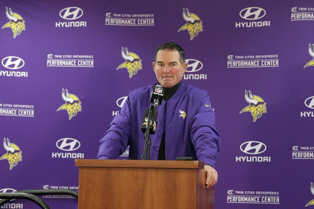 Minnesota Vikings head coach Mike Zimmer speaks at a news conference after an NFL football game against the Chicago Bears Sunday, Nov. 18, 2018, in Chicago. (AP Photo/David Banks)
