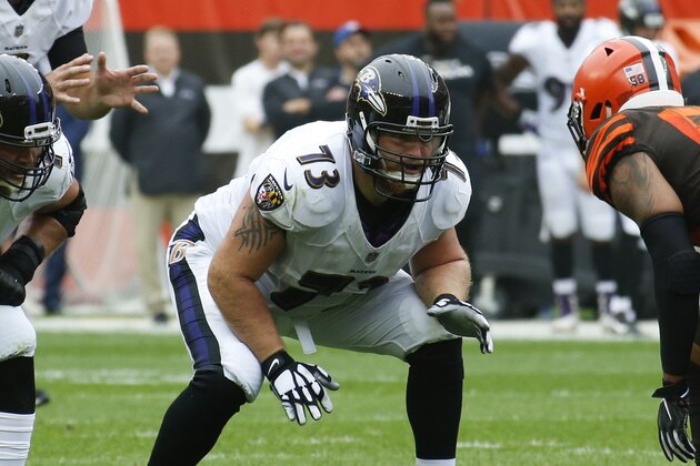 Baltimore Ravens offensive guard Marshal Yanda (73) plays against the Cleveland Browns during the first half of an NFL football game, Sunday, Oct. 7, 2018, in Cleveland. (AP Photo/Ron Schwane)