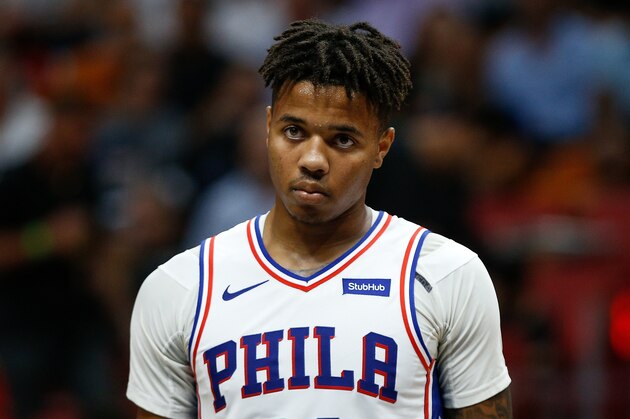 MIAMI, FL - NOVEMBER 12:  Markelle Fultz #20 of the Philadelphia 76ers in action against the Miami Heat during the second half at American Airlines Arena on November 12, 2018 in Miami, Florida. NOTE TO USER: User expressly acknowledges and agrees that, by downloading and or using this photograph, User is consenting to the terms and conditions of the Getty Images License Agreement.  (Photo by Michael Reaves/Getty Images)