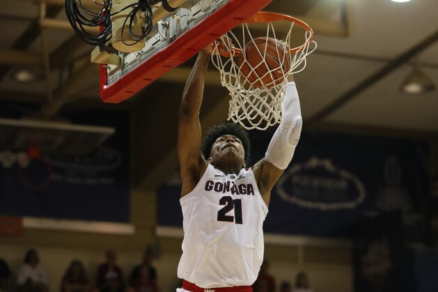 Gonzaga forward Rui Hachimura (21) makes a slam dunk over Arizona during the second half of an NCAA college basketball game at the Maui Invitational, Tuesday, Nov. 20, 2018, in Lahaina, Hawaii. Gonzaga defeated Arizona 91-74. (AP Photo/Marco Garcia)