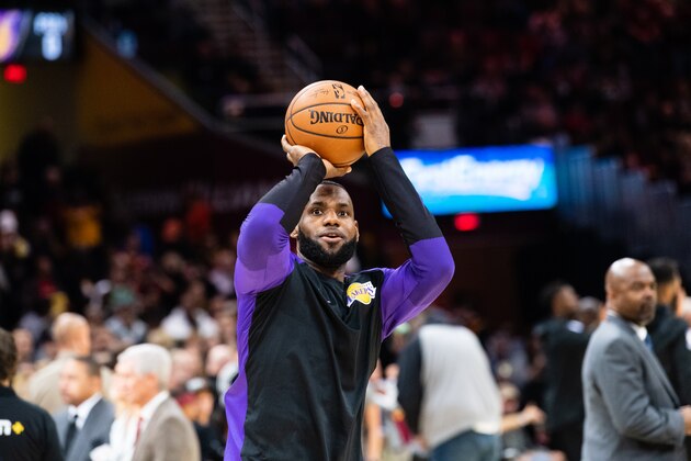 CLEVELAND, OH - NOVEMBER 21: LeBron James #23 of the Los Angeles Lakers prior to the game against the Cleveland Cavaliers at Quicken Loans Arena on November 21, 2018 in Cleveland, Ohio. NOTE TO USER: User expressly acknowledges and agrees that, by downloading and/or using this photograph, user is consenting to the terms and conditions of the Getty Images License Agreement. (Photo by Jason Miller/Getty Images)