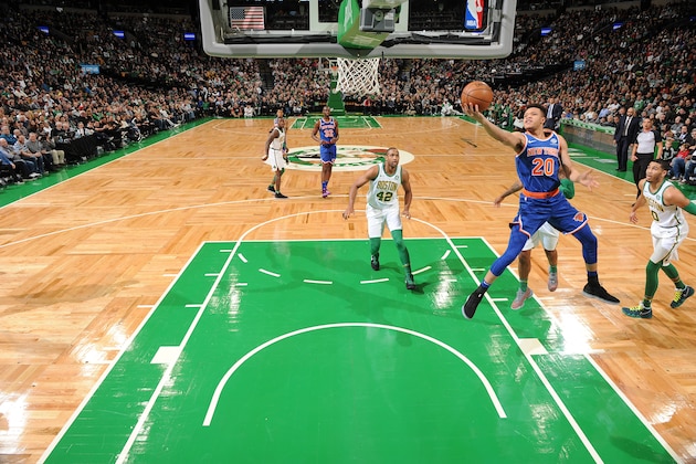 BOSTON, MA - NOVEMBER 21: Kevin Knox #20 of the New York Knicks shoots the ball against the Boston Celtics on November 21, 2018 at TD Garden in Boston, Massachusetts. NOTE TO USER: User expressly acknowledges and agrees that, by downloading and/or using this Photograph, user is consenting to the terms and conditions of the Getty Images License Agreement. Mandatory Copyright Notice: Copyright 2018 NBAE (Photo by Brian Babineau/NBAE via Getty Images)