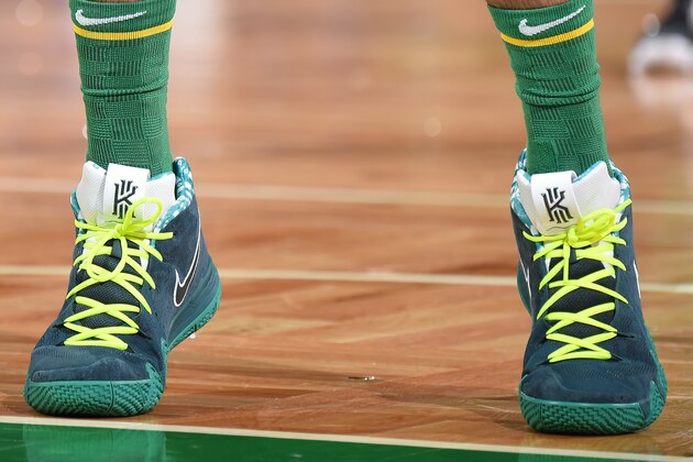 BOSTON, MA - NOVEMBER 21: The sneakers of Jayson Tatum #0 of the Boston Celtics are worn during a game against the New York Knicks on November 21, 2018 at TD Garden in Boston, Massachusetts. NOTE TO USER: User expressly acknowledges and agrees that, by downloading and/or using this Photograph, user is consenting to the terms and conditions of the Getty Images License Agreement. Mandatory Copyright Notice: Copyright 2018 NBAE (Photo by Brian Babineau/NBAE via Getty Images)