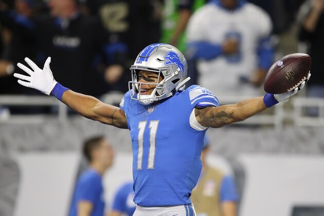DETROIT, MI - OCTOBER 28: Marvin Jones #11 of the Detroit Lions celebrates his first quarter touchdown against the Seattle Seahawks at Ford Field on October 28, 2018 in Detroit, Michigan. (Photo by Gregory Shamus/Getty Images)