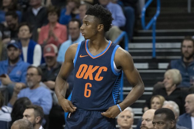 OKLAHOMA CITY, OK - OCTOBER 21: Hamidou Diallo #6 of the Oklahoma City Thunder watches action against the Sacramento Kings during the first half of a NBA  game at the Chesapeake Energy Arena on October 21, 2018 in Oklahoma City, Oklahoma. NOTE TO USER: User expressly acknowledges and agrees that, by downloading and or using this photograph, User is consenting to the terms and conditions of the Getty Images License Agreement. (Photo by J Pat Carter/Getty Images)