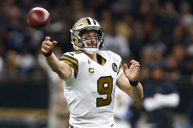 New Orleans Saints quarterback Drew Brees (9) passes in the first half of an NFL football game against the Philadelphia Eagles in New Orleans, Sunday, Nov. 18, 2018. (AP Photo/Butch Dill)