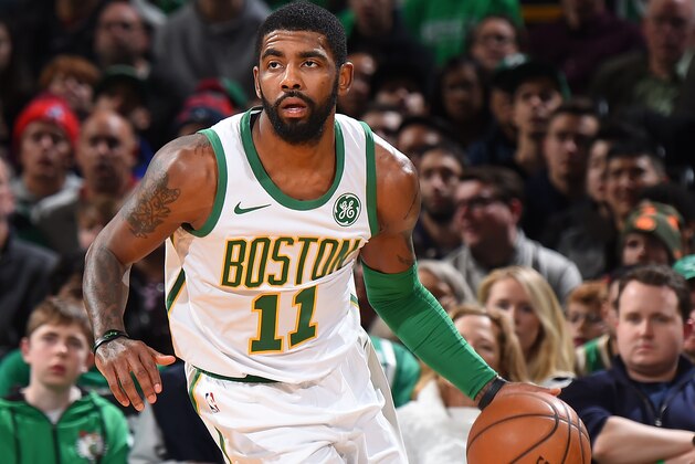 BOSTON, MA - NOVEMBER 21: Kyrie Irving #11 of the Boston Celtics handles the ball against the New York Knicks on November 21, 2018 at TD Garden in Boston, Massachusetts. NOTE TO USER: User expressly acknowledges and agrees that, by downloading and/or using this Photograph, user is consenting to the terms and conditions of the Getty Images License Agreement. Mandatory Copyright Notice: Copyright 2018 NBAE (Photo by Brian Babineau/NBAE via Getty Images)