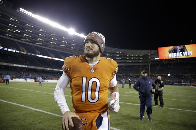 Chicago Bears quarterback Mitchell Trubisky (10) leaves the field after an NFL football game Sunday, Nov. 18, 2018, in Chicago. The Bears won 25-20. (AP Photo/David Banks)