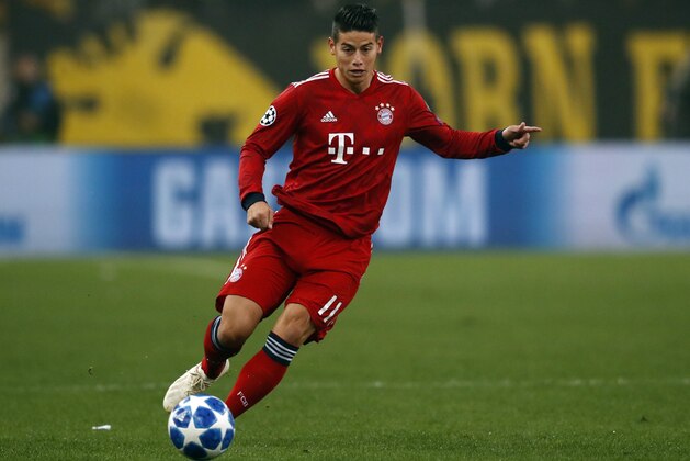 Bayern midfielder James David James Rodriguez controls the ball during a Group E Champions League soccer match between AEK Athens and Bayern Munich at the Olympic Stadium in Athens, Tuesday, Oct. 23, 2018. (AP Photo/Thanassis Stavrakis)