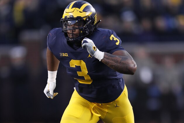 Michigan defensive lineman Rashan Gary plays against Penn State in the second half of an NCAA college football game in Ann Arbor, Mich., Saturday, Nov. 3, 2018. (AP Photo/Paul Sancya)