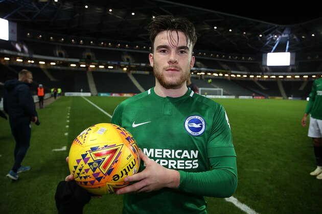 MILTON KEYNES, ENGLAND - NOVEMBER 13: Aaron Connoly of Brighton & Hove Albion U21 poses with the matchball after scoring a hat trick during the Checkatrade Trophy match between Milton Keynes Dons and Brighton & Hove Albion U21  at Stadium mk on November 13, 2018 in Milton Keynes, England. (Photo by Pete Norton/Getty Images)