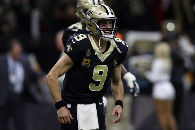 NEW ORLEANS, LA - NOVEMBER 22:  Drew Brees #9 of the New Orleans Saints reacts against the Atlanta Falcons at the Mercedes-Benz Superdome on November 22, 2018 in New Orleans, Louisiana.  (Photo by Chris Graythen/Getty Images)