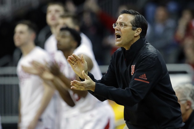 Nebraska head coach Tim Miles talks to his players during the first half of an NCAA college basketball game against Missouri State Monday, Nov. 19, 2018, in Kansas City, Mo. (AP Photo/Charlie Riedel)