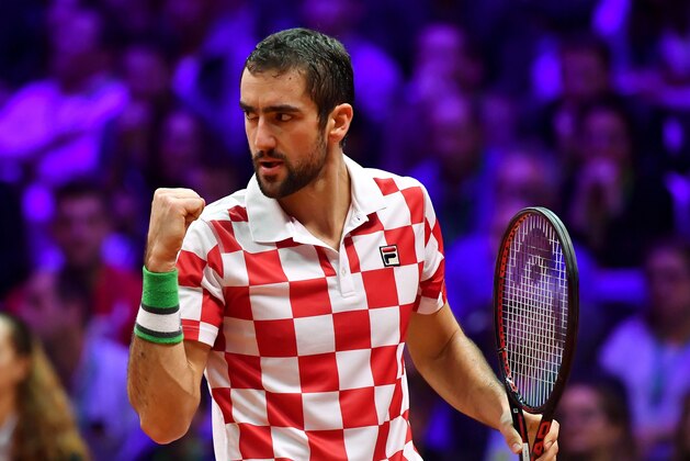 Croatia's Marin Cilic reacts during his match against France's Jo-Wilfried Tsonga during the Davis Cup final tennis match between France and Croatia, on November 23, 2018 in Lille, northern France. (Photo by Philippe HUGUEN / AFP)        (Photo credit should read PHILIPPE HUGUEN/AFP/Getty Images)