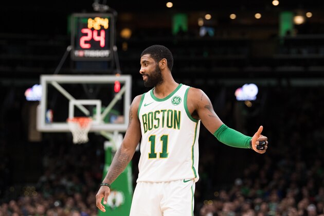 BOSTON, MA - NOVEMBER 21: Kyrie Irving #11 of the Boston Celtics gives a thumbs up during a game at TD Garden on November 21, 2018 in Boston, Massachusetts.  NOTE TO USER: User expressly acknowledges and agrees that, by downloading and or using this photograph, User is consenting to the terms and conditions of the Getty Images License Agreement. (Photo by Kathryn Riley/Getty Images)