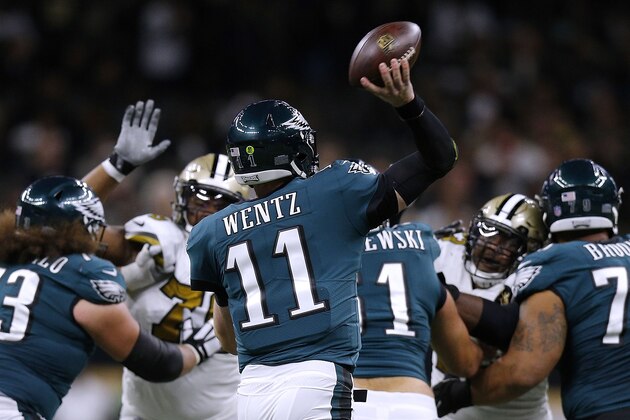 NEW ORLEANS, LA - NOVEMBER 18: Carson Wentz #11 of the Philadelphia Eagles throws the ball during a game against the New Orleans Saints at the Mercedes-Benz Superdome on November 18, 2018 in New Orleans, Louisiana.  (Photo by Jonathan Bachman/Getty Images)