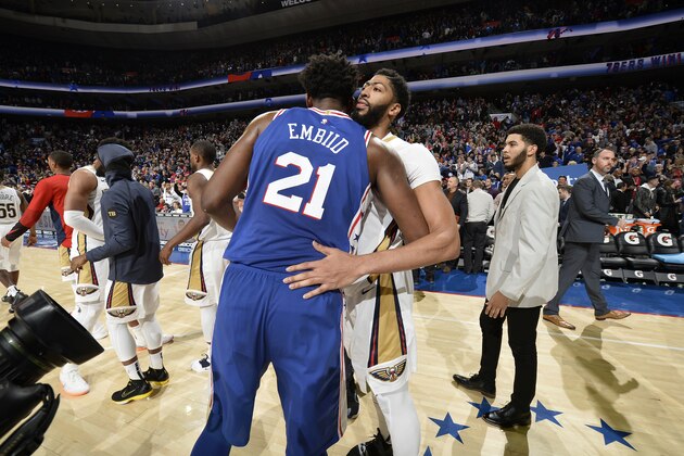 PHILADELPHIA, PA - NOVEMBER 21: Joel Embiid #21 of the Philadelphia 76ers and Anthony Davis #23 of the New Orleans Pelicans hug after the game on November 21, 2018 at the Wells Fargo Center in Philadelphia, Pennsylvania. NOTE TO USER: User expressly acknowledges and agrees that, by downloading and/or using this photograph, user is consenting to the terms and conditions of the Getty Images License Agreement. Mandatory Copyright Notice: Copyright 2018 NBAE (Photo by David Dow/NBAE via Getty Images)