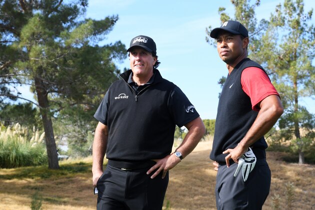 LAS VEGAS, NV - NOVEMBER 23:  Tiger Woods and Phil Mickelson look on prior to The Match: Tiger vs Phil at Shadow Creek Golf Course on November 23, 2018 in Las Vegas, Nevada.  (Photo by Harry How/Getty Images for The Match)
