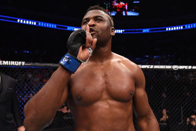 BEIJING, CHINA - NOVEMBER 24:  Francis Ngannou of Cameroon celebrates after his TKO victory over Curtis Blaydes in their heavyweight bout during the UFC Fight Night event inside Cadillac Arena on November 24, 2018 in Beijing, China. (Photo by Jeff Bottari/Zuffa LLC/Zuffa LLC via Getty Images)