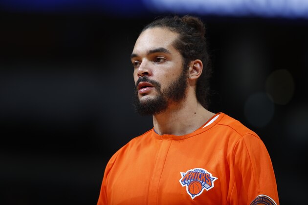 New York Knicks center Joakim Noah (13) in the first half of an NBA basketball game Saturday, Dec. 17, 2016, in Denver. (AP Photo/David Zalubowski)