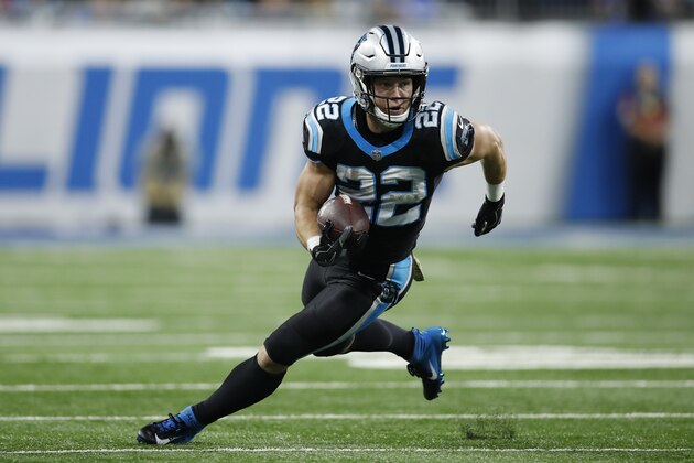 Carolina Panthers running back Christian McCaffrey (22) runs the ball against the Detroit Lions during an NFL football game Sunday, Nov. 18, 2018, in Detroit. The Lions won the game 20-19. (Jeff Haynes/AP Images for Panini)