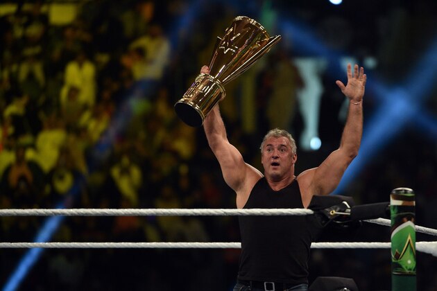 Shane McMahon, SmackDown commissioner and minority owner of WWE, raises the WWE World Cup trophy following the match as part of as part of the World Wrestling Entertainment (WWE) Crown Jewel pay-per-view at the King Saud University Stadium in Riyadh on November 2, 2018. (Photo by Fayez Nureldine / AFP)        (Photo credit should read FAYEZ NURELDINE/AFP/Getty Images)