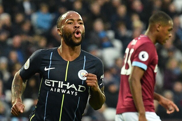 Manchester City's English midfielder Raheem Sterling (L) celebrates scoring their second goal during the English Premier League football match between West Ham United and Manchester City at The London Stadium, in east London on November 24, 2018. (Photo by Glyn KIRK / AFP) / RESTRICTED TO EDITORIAL USE. No use with unauthorized audio, video, data, fixture lists, club/league logos or 'live' services. Online in-match use limited to 120 images. An additional 40 images may be used in extra time. No video emulation. Social media in-match use limited to 120 images. An additional 40 images may be used in extra time. No use in betting publications, games or single club/league/player publications. /         (Photo credit should read GLYN KIRK/AFP/Getty Images)
