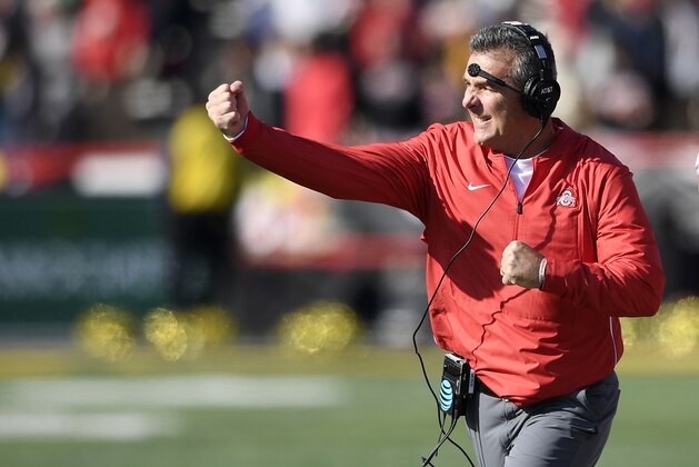 Ohio State head coach Urban Meyer gestures during the first half of an NCAA football game against Maryland, Saturday, Nov. 17, 2018, in College Park, Md. (AP Photo/Nick Wass)