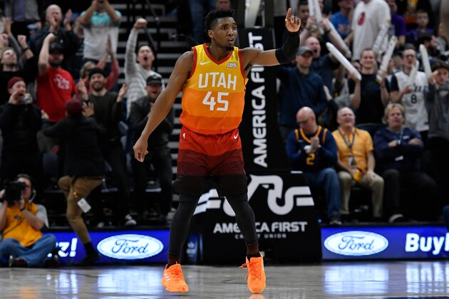 SALT LAKE CITY, UT - NOVEMBER 21: Donovan Mitchell #45 of the Utah Jazz gestures on court in a NBA game against the Sacramento Kings at Vivint Smart Home Arena on November 21, 2018 in Salt Lake City, Utah. NOTE TO USER: User expressly acknowledges and agrees that, by downloading and or using this photograph, User is consenting to the terms and conditions of the Getty Images License Agreement. (Photo by Gene Sweeney Jr./Getty Images)