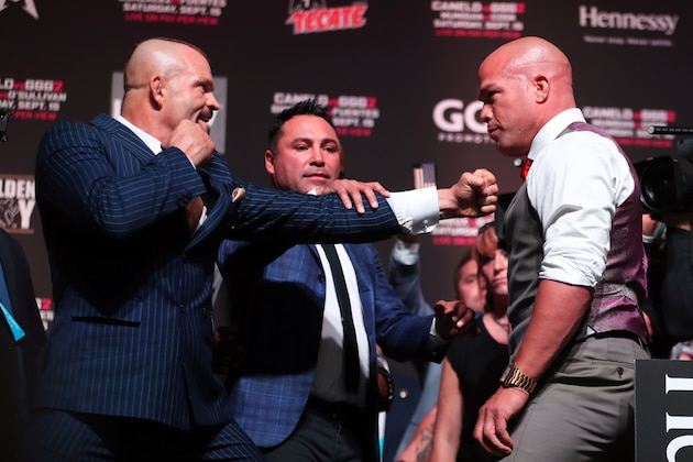 LAS VEGAS, NV - SEPTEMBER 14: Boxers Chuck Liddell and Tito Ortiz face to face during the official Weigh-in at T-Mobile Arena on September 14, 2018 in Las Vegas, Nevada. (Photo by Omar Vega/Getty Images)