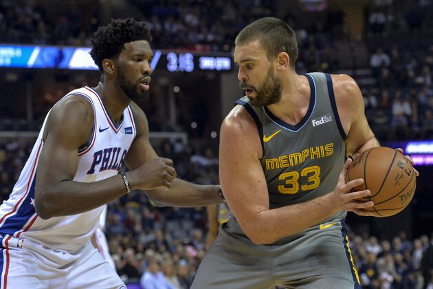 Memphis Grizzlies center Marc Gasol (33) controls the ball against Philadelphia 76ers center Joel Embiid in the second half of an NBA basketball game Saturday, Nov. 10, 2018, in Memphis, Tenn. (AP Photo/Brandon Dill)