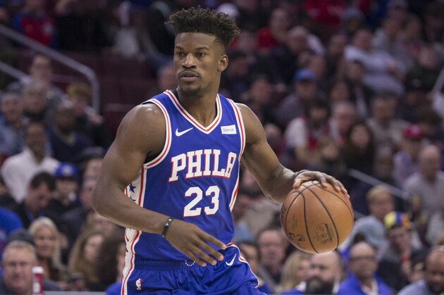 PHILADELPHIA, PA - NOVEMBER 21: Jimmy Butler #23 of the Philadelphia 76ers dribbles the ball against the New Orleans Pelicans at the Wells Fargo Center on November 21, 2018 in Philadelphia, Pennsylvania. NOTE TO USER: User expressly acknowledges and agrees that, by downloading and or using this photograph, User is consenting to the terms and conditions of the Getty Images License Agreement. (Photo by Mitchell Leff/Getty Images)