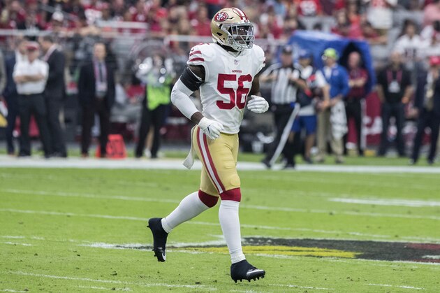 San Francisco 49ers' Reuben Foster (56) plays his linebacker position against the Arizona Cardinals offense during the first half of an NFL football game, Sunday, Oct. 28, 2018, in Glendale, Ariz. (AP Photo/Darryl Webb)
