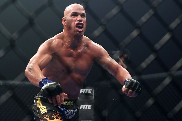 INGLEWOOD, CA - NOVEMBER 24:  Tito Ortiz celebrates his win after one round against Chuck Liddell during the Light Heavyweight bout at The Forum on November 24, 2018 in Inglewood, California. (Photo by Joe Scarnici/Getty Images)
