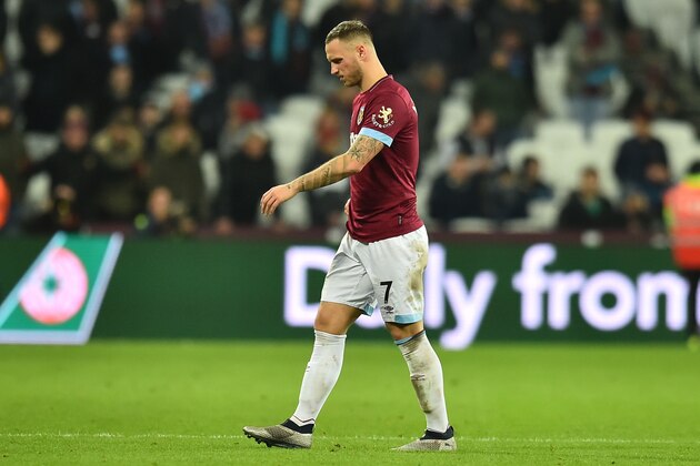 West Ham United's Austrian midfielder Marko Arnautovic leaves the pitch during the English Premier League football match between West Ham United and Manchester City at The London Stadium, in east London on November 24, 2018. (Photo by Glyn KIRK / AFP) / RESTRICTED TO EDITORIAL USE. No use with unauthorized audio, video, data, fixture lists, club/league logos or 'live' services. Online in-match use limited to 120 images. An additional 40 images may be used in extra time. No video emulation. Social media in-match use limited to 120 images. An additional 40 images may be used in extra time. No use in betting publications, games or single club/league/player publications. /         (Photo credit should read GLYN KIRK/AFP/Getty Images)