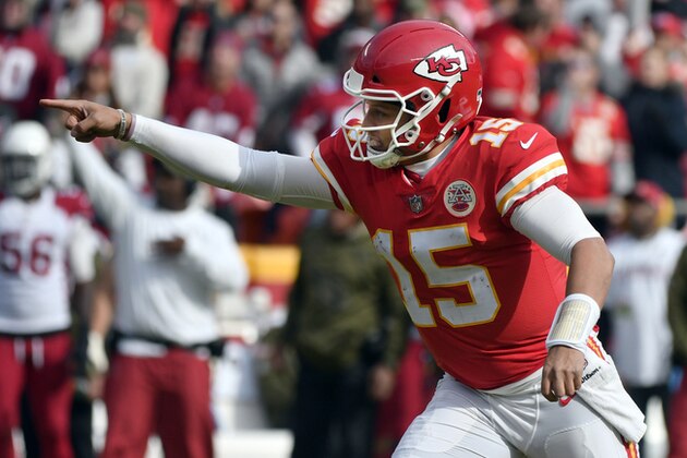 Kansas City Chiefs quarterback Patrick Mahomes (15) reacts to his touchdown pass to wide receiver Tyreek Hill (10), during the first half of an NFL football game against the Arizona Cardinals in Kansas City, Mo., Sunday, Nov. 11, 2018. (AP Photo/Ed Zurga)