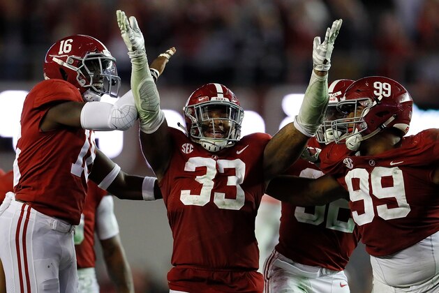 TUSCALOOSA, AL - NOVEMBER 24:  Anfernee Jennings #33 of the Alabama Crimson Tide reacts after intercepting a pass intended for Tucker Brown #86 of the Auburn Tigers at Bryant-Denny Stadium on November 24, 2018 in Tuscaloosa, Alabama.  (Photo by Kevin C. Cox/Getty Images)