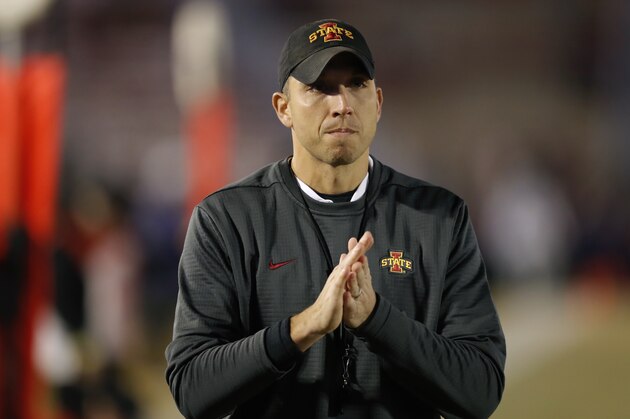 Iowa State head coach Matt Campbell stands on the field before an NCAA college football game against Kansas State, Saturday, Nov. 24, 2018, in Ames, Iowa. (AP Photo/Charlie Neibergall)