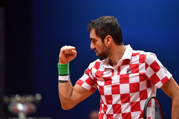 Croatian player Marin Cilic reacts during the single tennis match against French Lucas Pouille as part of the Davis Cup final between France and Croatia, on November 25, 2018 in Lille, northern France. (Photo by Philippe HUGUEN / AFP)        (Photo credit should read PHILIPPE HUGUEN/AFP/Getty Images)