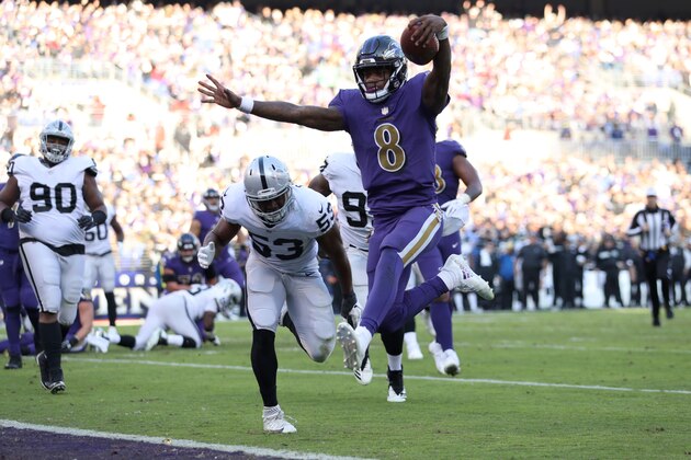 BALTIMORE, MARYLAND - NOVEMBER 25: Quarterback Lamar Jackson #8 of the Baltimore Ravens rushes for a touchdown in the third quarter against the Oakland Raiders at M&T Bank Stadium on November 25, 2018 in Baltimore, Maryland. (Photo by Patrick Smith/Getty Images)