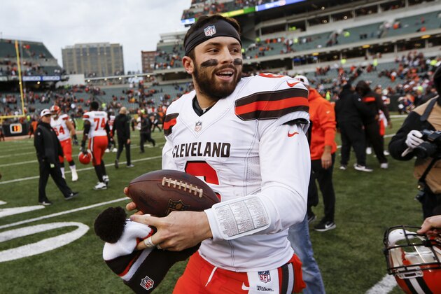 Cleveland Browns quarterback Baker Mayfield smiles after an NFL football game against the Cincinnati Bengals, Sunday, Nov. 25, 2018, in Cincinnati. (AP Photo/Frank Victores)