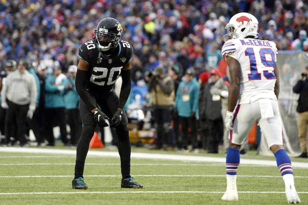 Jacksonville Jaguars cornerback Jalen Ramsey (20) lines up against Buffalo Bills wide receiver Isaiah McKenzie (19) during the second half of an NFL football game, Sunday, Nov. 25, 2018, in Orchard Park, N.Y. (AP Photo/Adrian Kraus)