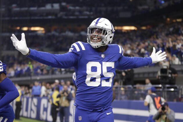 Indianapolis Colts tight end Eric Ebron (85) celebrates touchdown against the Miami Dolphins during the first half of an NFL football game in Indianapolis, Sunday, Nov. 25, 2018. (AP Photo/Michael Conroy)
