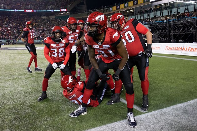 EDMONTON, AB - NOVEMBER 25: Chris Matthews #81 of the Calgary Stampeders celebrates a touchdown against the Ottawa Redblacks during the Grey Cup at Commonwealth Stadium on November 25, 2018 in Edmonton, Alberta, Canada. (Photo by Codie McLachlan/Getty Images)